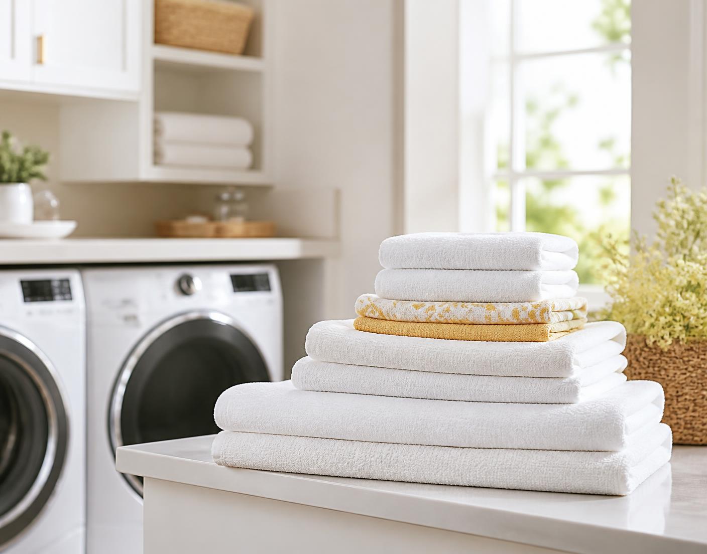 Freshly folded white towels stacked in a bright laundry room