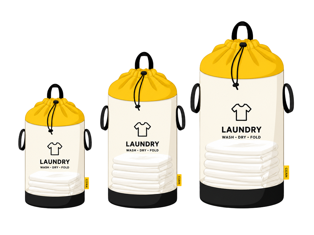 Small, medium and large Busy Bee laundry bags filled with folded clothes